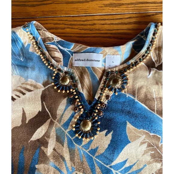 Alfred Dunner Blouse Size Large 95% Cotton Distressed Look Beaded V Neck Floral - Picture 2 of 8